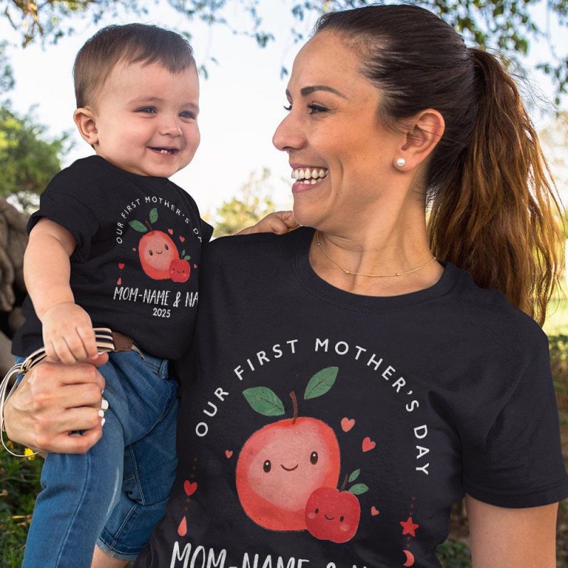 Personalised T Shirt Our First Mothers Day Baby Outfit with Heart Matching T-Shirt Set Perfect Custom Mothers Day Gift for Mummy and Baby